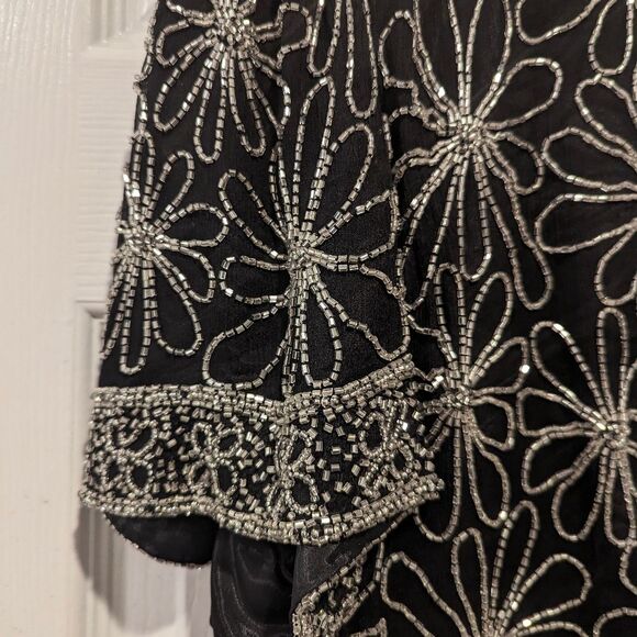 Papell Boutique Evening 100% Silk Black Fully Beaded Short Sleeve shirt Blouse L - Picture 12 of 14